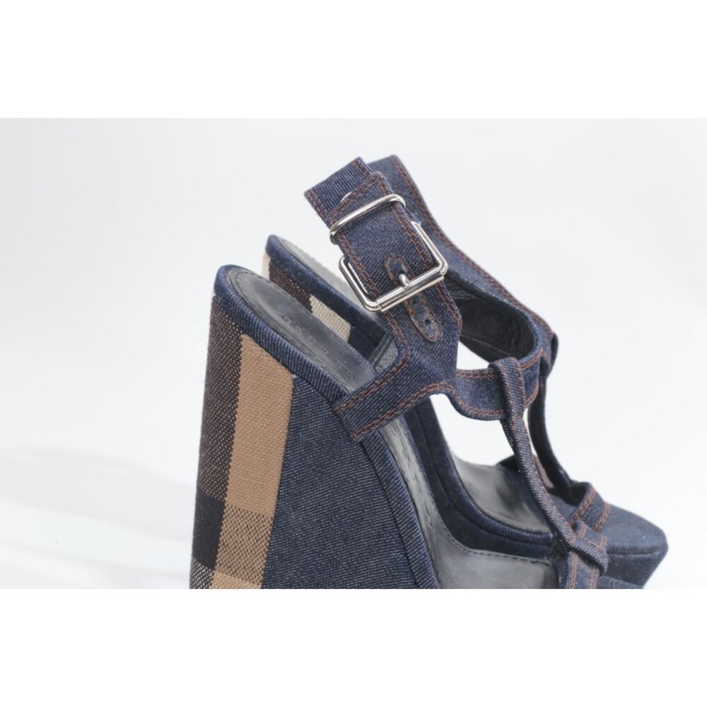 Burberry Navy Denim Buckle Ankle T-Strap Wedge Sandals Designer Shoes Size 38.5 - Picture 7 of 16